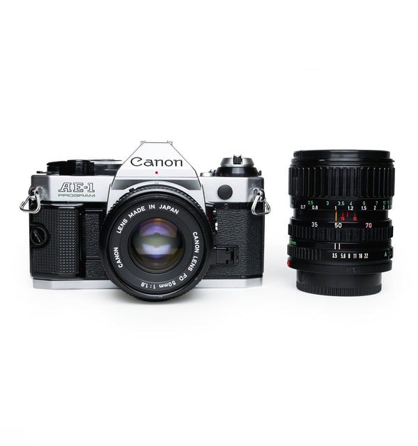 Canon AE-1 Program 35mm SLR Film Camera Set with 50 mm & 35-70mm Lens