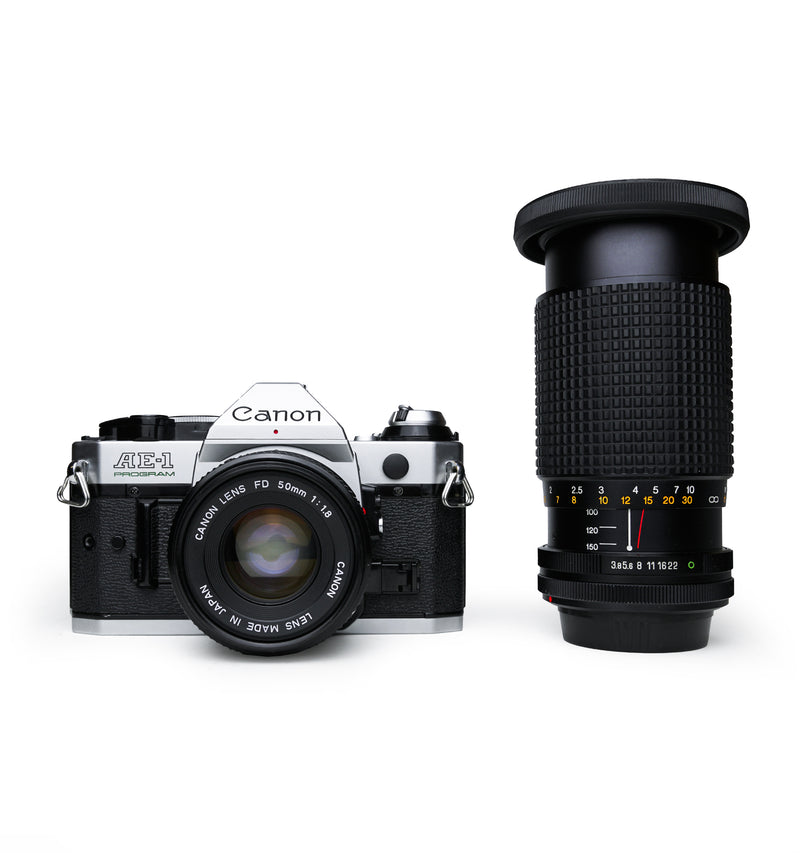 Canon AE-1 Program 35mm SLR Film Camera with 50mm F1.8 & Soligor 70-300mm F3.8 Lenses