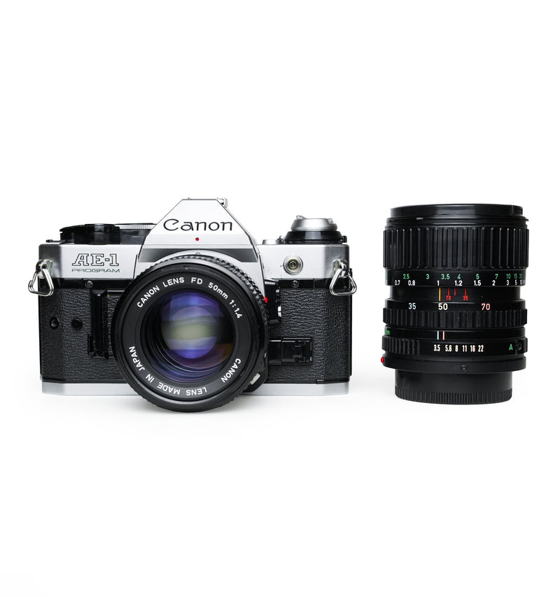 Canon AE-1 Program 35mm SLR Film Camera Set with 50mm & 35-70mm 